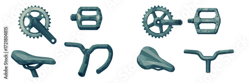 Bike parts including pedals, handlebars, seats, and gear components displayed together on a white background for repair and assembly
