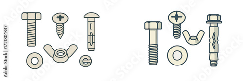 Various types of screws and bolts arranged together in a neat pattern on a plain background