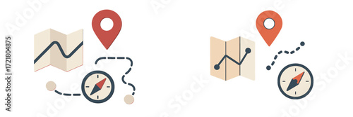 Design elements for navigation and mapping applications, featuring a map, compass, and location marker