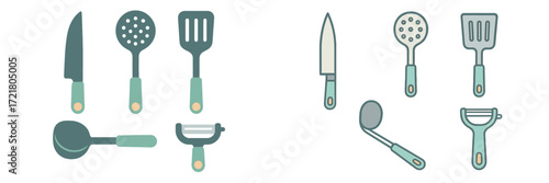 Various kitchen utensils displayed with simple designs for culinary tasks and food preparation