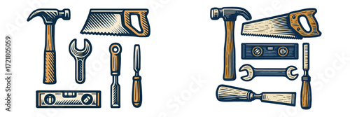 Collection of traditional hand tools including hammers, saws, and wrenches on a white background showcasing craftsmanship