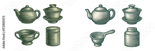 Vintage tea set and serving accessories displayed on a white background, featuring intricate designs and various shapes