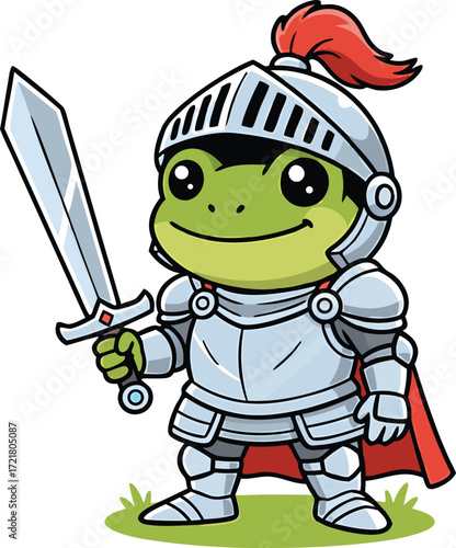 Cartoon frog knight in armor holding a sword on grass Keywords: frog, knight, cartoon, armor