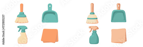 Colorful cleaning tools arranged neatly on a white background perfect for organizing or home improvement projects