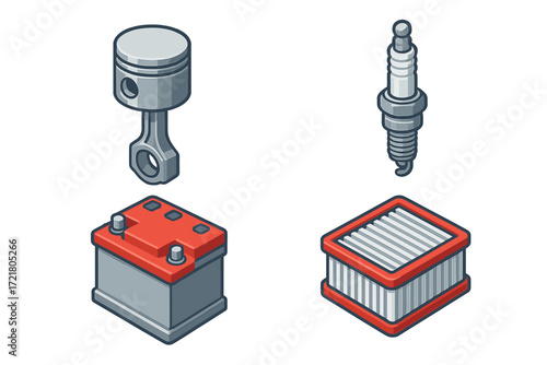 Different auto parts illustrated clearly, highlighting battery, piston, spark plug, and air filter in a simplistic style