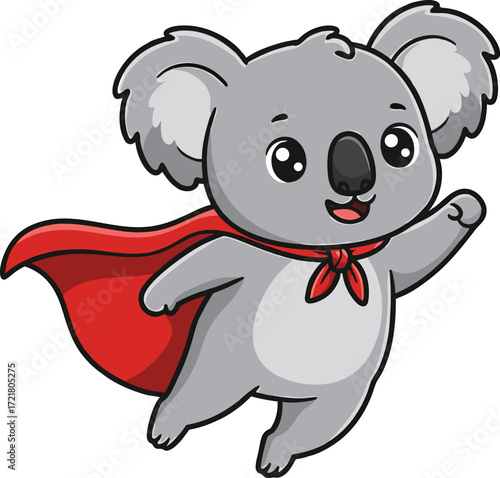 Cartoon koala superhero flying with red cape and scarf on white background vector illustration