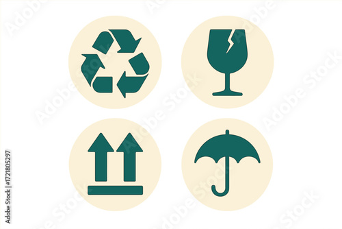 Symbols for sustainable practices and safety measures in product handling and recycling efforts