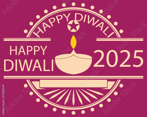 Happy Diwali 2025 festive greeting card design. Colorful Happy Diwali 2025 greeting card with traditional oil lamp, flowers, owl, and festive decorative elements on dark background. EPS 10/ AI