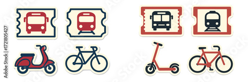 Transport options and ticket designs representing various modes of travel in a city context