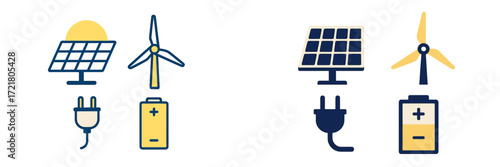 Icons representing renewable energy sources, including solar panels, wind turbines, batteries, and charging cables