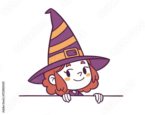 A cute cartoon girl in a witch costume with a large pointy hat peeking over a border. Halloween, isolated on a white background.