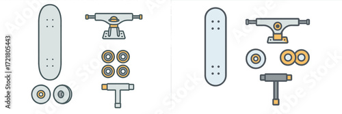 Skateboard parts and accessories layout on a simple background for maintenance and assembly