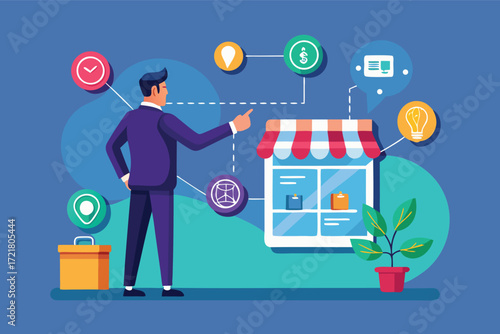 Businessman analyzing data and trends in front of a shop window with digital icons representing commerce