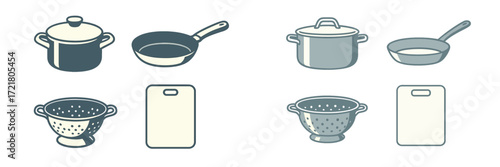 Different types of cookware and kitchen tools displayed on a simple background showcasing cooking essentials