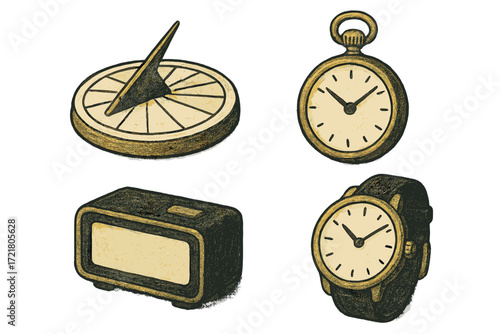 Various types of timekeeping devices including sundial, wall clock, pocket watch, and wristwatch in a simple illustrated style