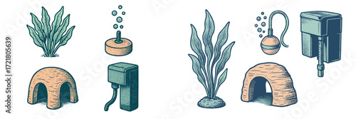 Aquarium decorations with plants and structures for enhancing fish habitats in freshwater environments