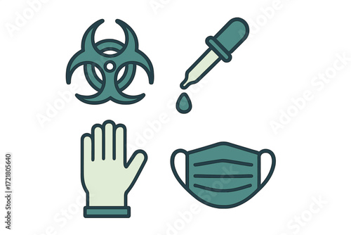 Illustration of safety equipment including a biohazard symbol, medical dropper, gloves, and face mask in a healthcare context