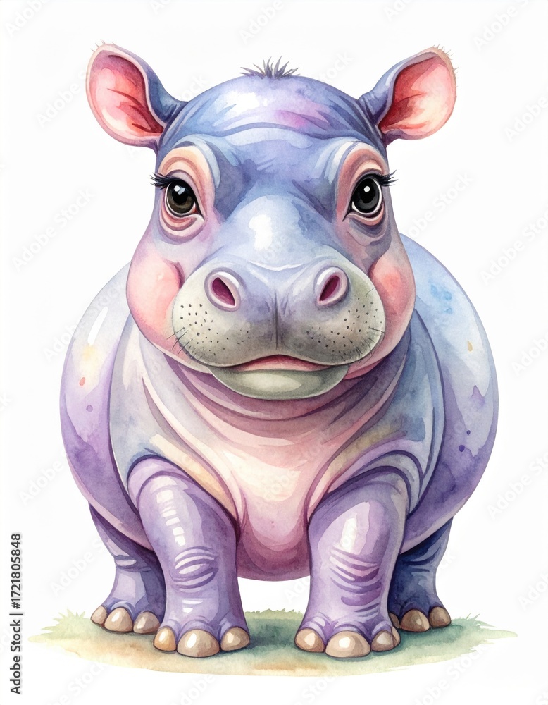 Obraz premium A charming, cartoonish purple hippopotamus with big eyes and a friendly expression, standing on a grassy patch.