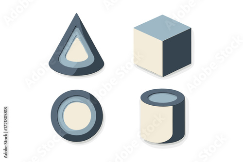 Shapes arranged in a modern design featuring a triangular, circular, and cubic object in muted colors