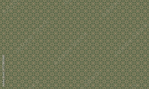Detailed olive green background with repeating floral and geometric pattern design element present