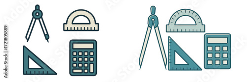 Collection of school tools including compass, ruler, protractor, and calculator arranged for educational purposes