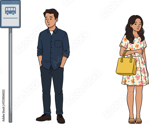 Urban bus stop scene, man and woman waiting, public transportation, daily commute, city lifestyle, fashion, street moment, outdoor interaction, travel