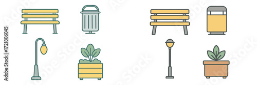 Collection of park furniture including benches, trash cans, and planters with street lights, designed for outdoor spaces
