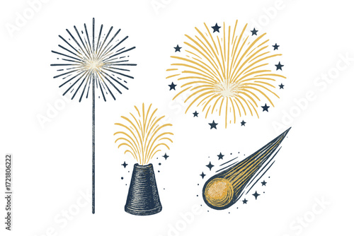 Colorful fireworks and celebration elements for festive occasions such as New Year and birthdays