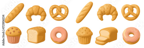 Variety of baked goods displayed on a clean surface in a bright setting showcasing popular pastries and breads
