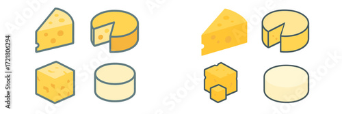 Different types of cheese displayed in various shapes and sizes on a clean background
