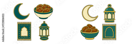 Decorative symbols of Ramadan including crescent moons, lanterns, and dates in a simple design suitable for festive occasions