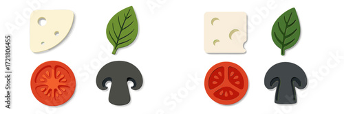 Colorful cheese, tomato, mushroom, and leaf shapes arranged for playful food creativity on a bright surface