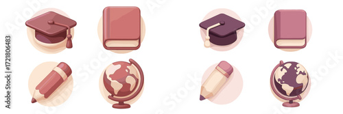 Colorful icons representing education and learning materials, featuring graduation hats, books, pencils, and globes