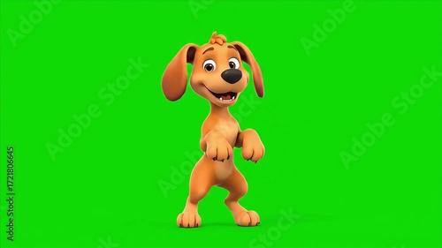 Joyful cartoon dog dancing energetically on a green screen background