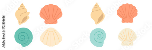 Colorful collection of seashells arranged in pairs on a plain background showcasing various shapes and colors