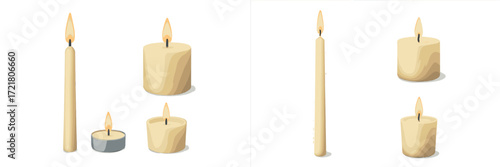 Collection of candles in various shapes and sizes arranged on a simple background for a cozy atmosphere