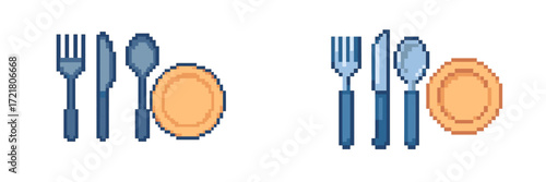 Forks, spoons, and plates set for a meal in a simple pixel art style, showcasing two dining arrangements side by side