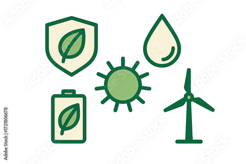 Symbols of sustainability featuring renewable energy, water conservation, and eco-friendly practices for a greener future