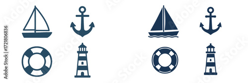 Nautical symbols featuring sailboats, anchors, and lighthouses in a simple design