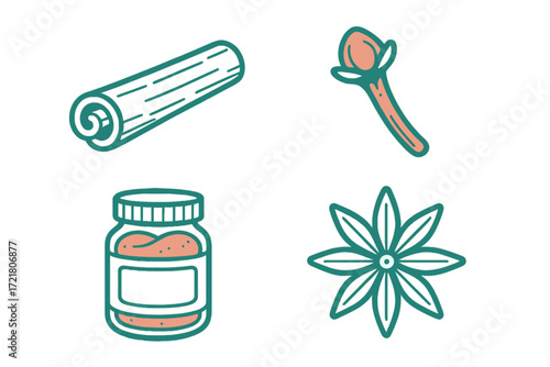 Various spices and ingredients displayed together with unique illustrations in vibrant colors