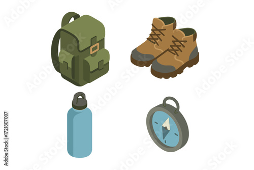 Essential hiking gear featuring backpack, sturdy boots, water bottle, and compass for outdoor adventures