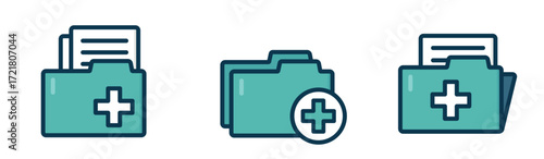 An illustrated set of three icons representing medical records or health data management. Each icon features a teal-colored folder