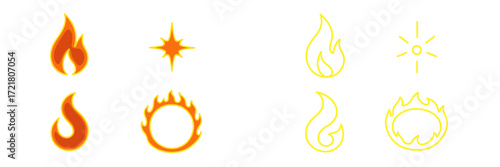 Colorful fire and flame icons in various designs suitable for graphic use or decoration