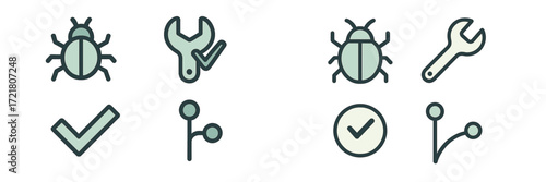 Icons representing pest control tools and check marks used for maintenance and inspections in urban settings