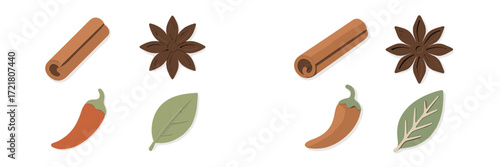 Colorful spice-shaped decorations arranged in pairs on a clean white background, creating a lively and vibrant display of culinary themes