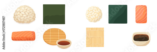 Sushi preparation items displayed on a clean surface with ingredients for making sushi rolls and sides