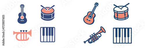 Musical instruments in various styles showcasing guitars, drums, trumpets, and pianos at a lively sound event