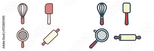 Kitchen tools for baking and cooking arranged on a simple background showing various utensils and gadgets