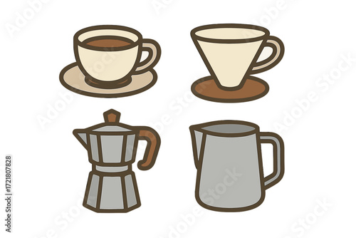 Various coffee brewing tools and a cup of coffee placed on a simple background in a cozy setting