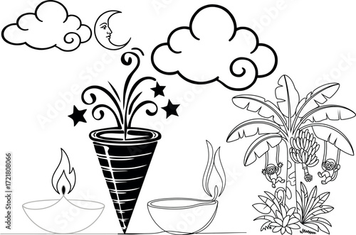 Whimsical Celebration Scene With Flowers, Candles, Moon, Tropical Jungle Monkeys, And Fire